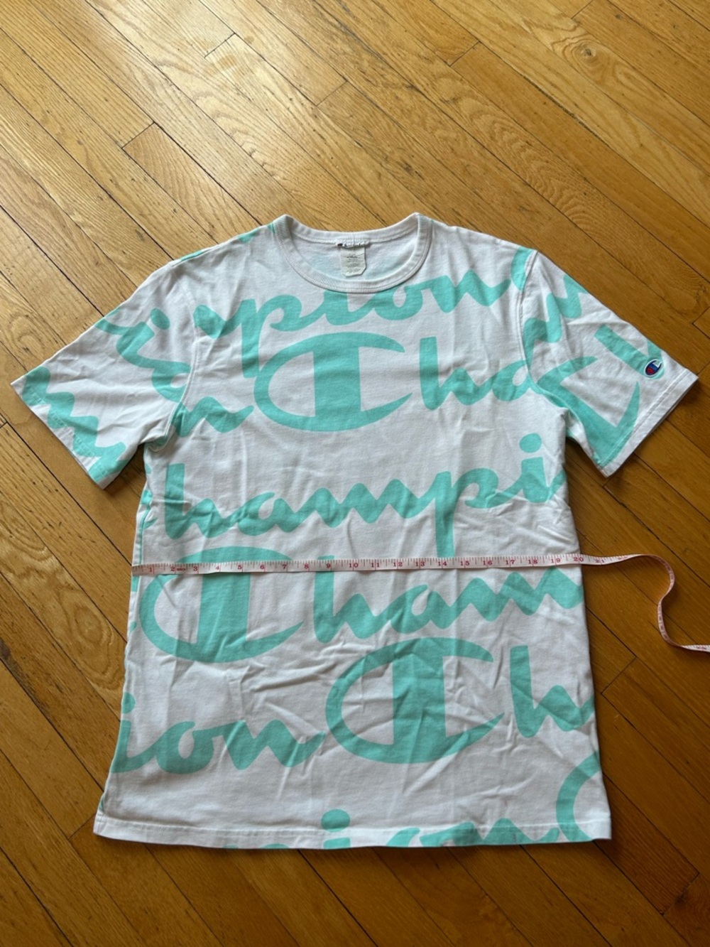 Champion Heritage All Over Giant Script T-Shirt - White/Mint Teal - Size USL